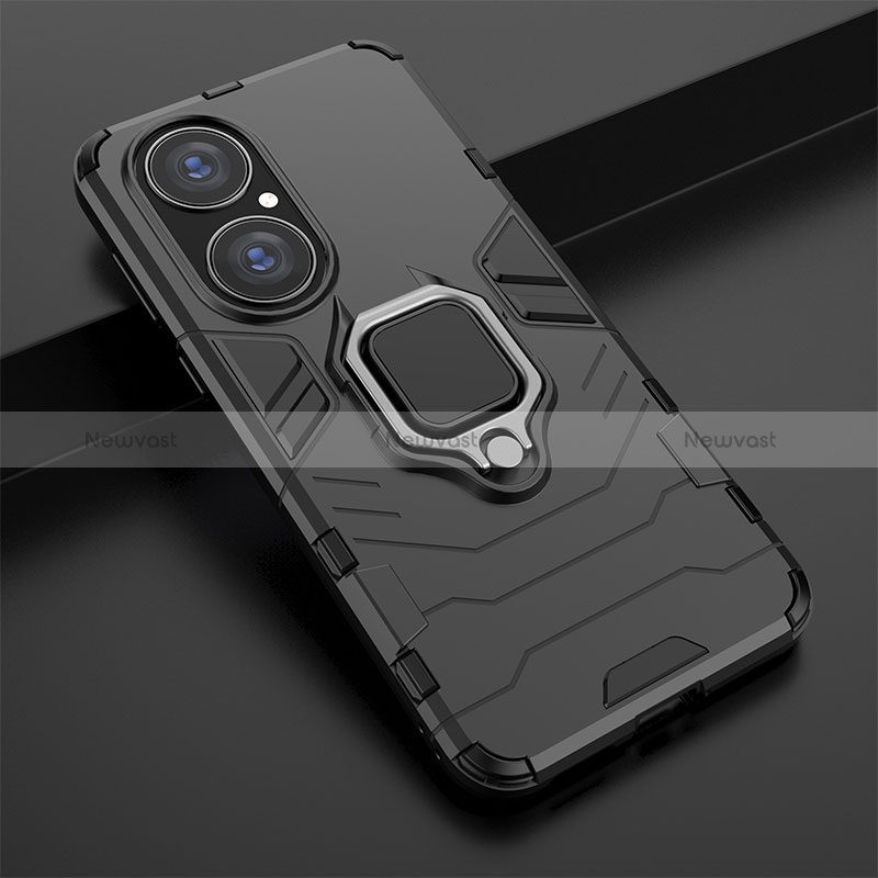 Silicone Matte Finish and Plastic Back Cover Case with Magnetic Finger Ring Stand KC1 for Huawei P50 Pro