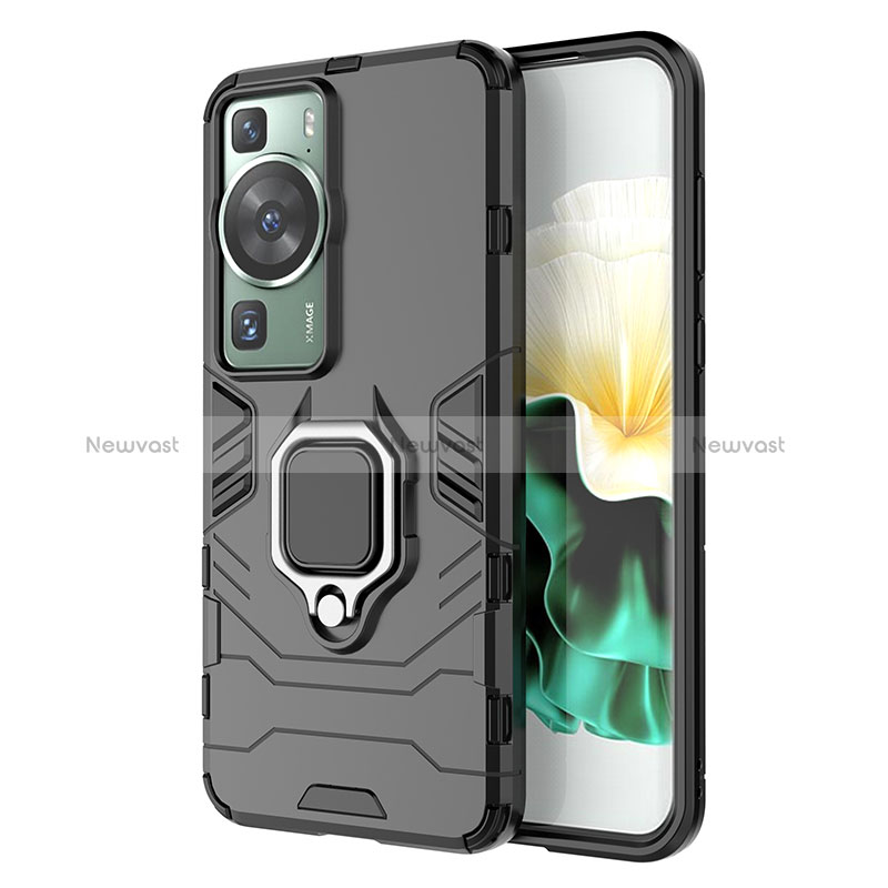 Silicone Matte Finish and Plastic Back Cover Case with Magnetic Finger Ring Stand KC1 for Huawei P60 Pro Black