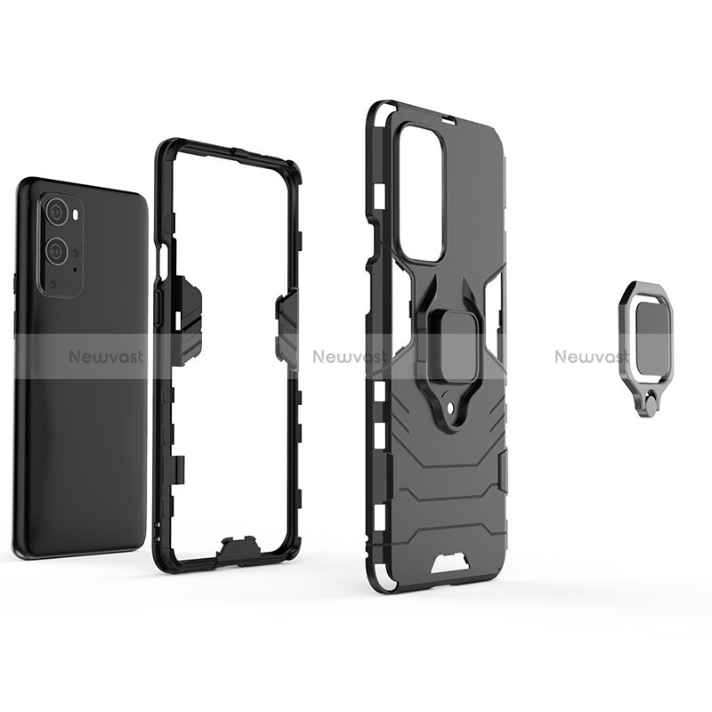 Silicone Matte Finish and Plastic Back Cover Case with Magnetic Finger Ring Stand KC1 for OnePlus 9 Pro 5G