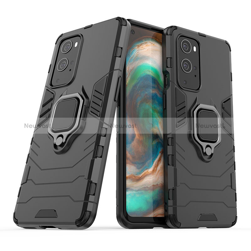 Silicone Matte Finish and Plastic Back Cover Case with Magnetic Finger Ring Stand KC1 for OnePlus 9 Pro 5G Black