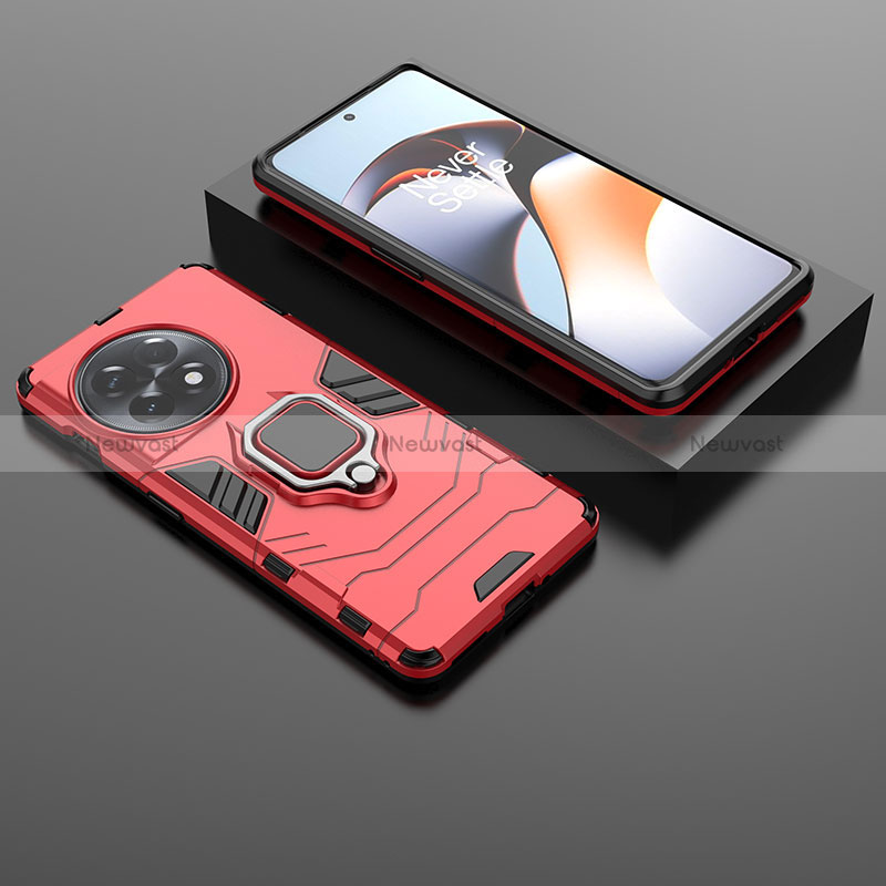 Silicone Matte Finish and Plastic Back Cover Case with Magnetic Finger Ring Stand KC1 for OnePlus Ace 2 5G Red