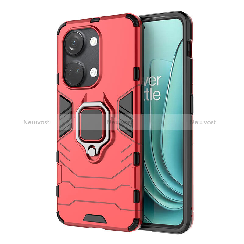 Silicone Matte Finish and Plastic Back Cover Case with Magnetic Finger Ring Stand KC1 for OnePlus Ace 2V 5G Red