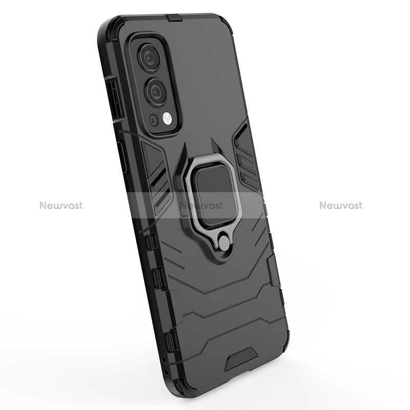 Silicone Matte Finish and Plastic Back Cover Case with Magnetic Finger Ring Stand KC1 for OnePlus Nord 2 5G