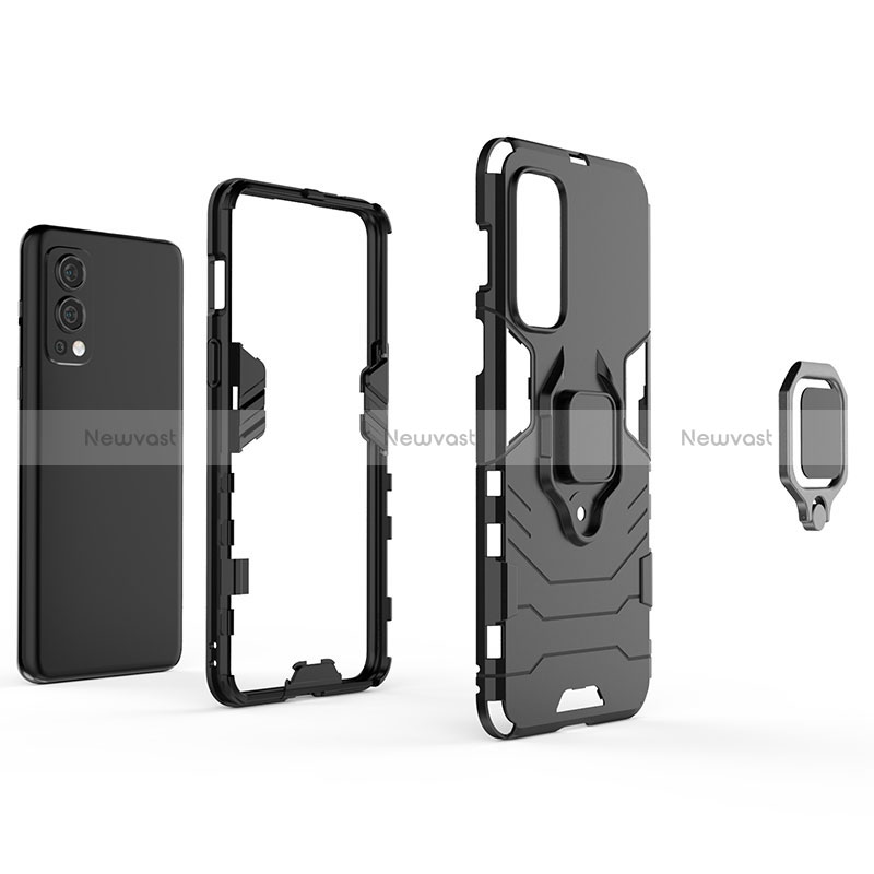 Silicone Matte Finish and Plastic Back Cover Case with Magnetic Finger Ring Stand KC1 for OnePlus Nord 2 5G