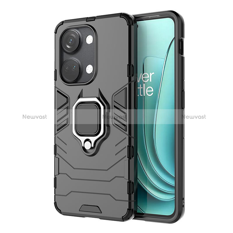 Silicone Matte Finish and Plastic Back Cover Case with Magnetic Finger Ring Stand KC1 for OnePlus Nord 3 5G