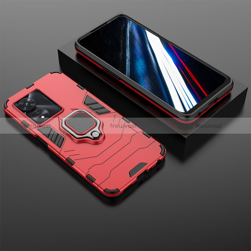 Silicone Matte Finish and Plastic Back Cover Case with Magnetic Finger Ring Stand KC1 for Oppo A18 Red