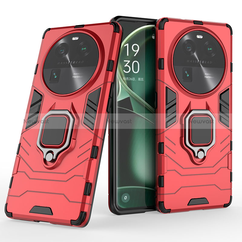 Silicone Matte Finish and Plastic Back Cover Case with Magnetic Finger Ring Stand KC1 for Oppo Find X6 5G Red