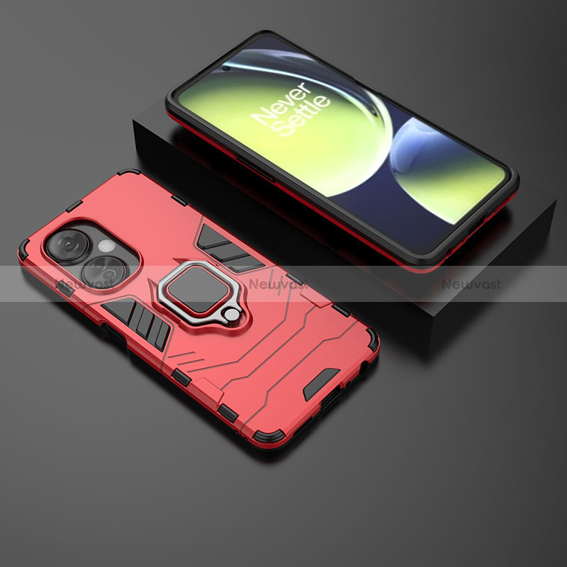 Silicone Matte Finish and Plastic Back Cover Case with Magnetic Finger Ring Stand KC1 for Oppo K11x 5G Red