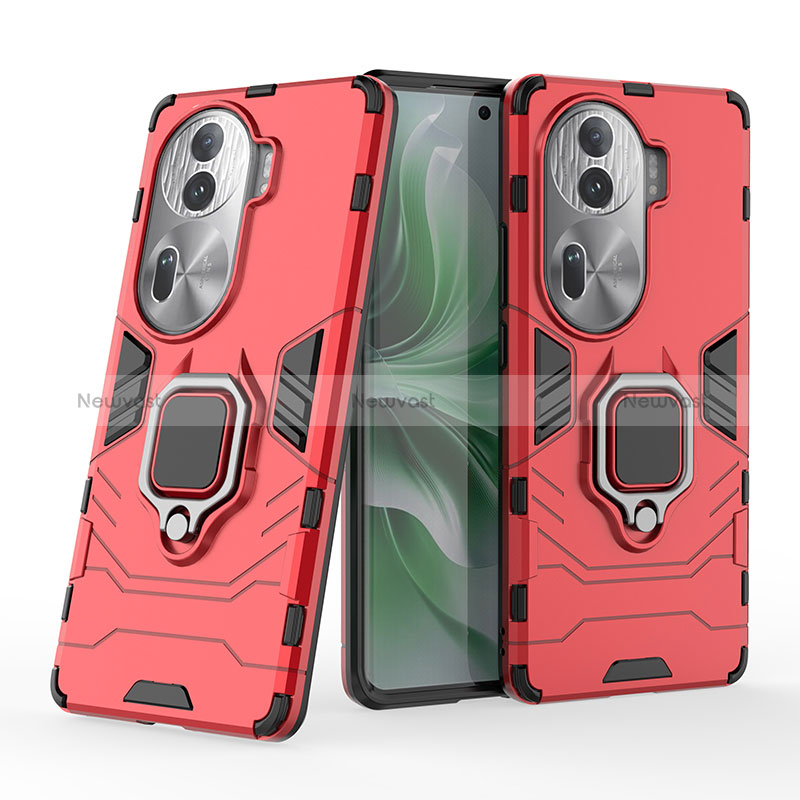 Silicone Matte Finish and Plastic Back Cover Case with Magnetic Finger Ring Stand KC1 for Oppo Reno11 Pro 5G