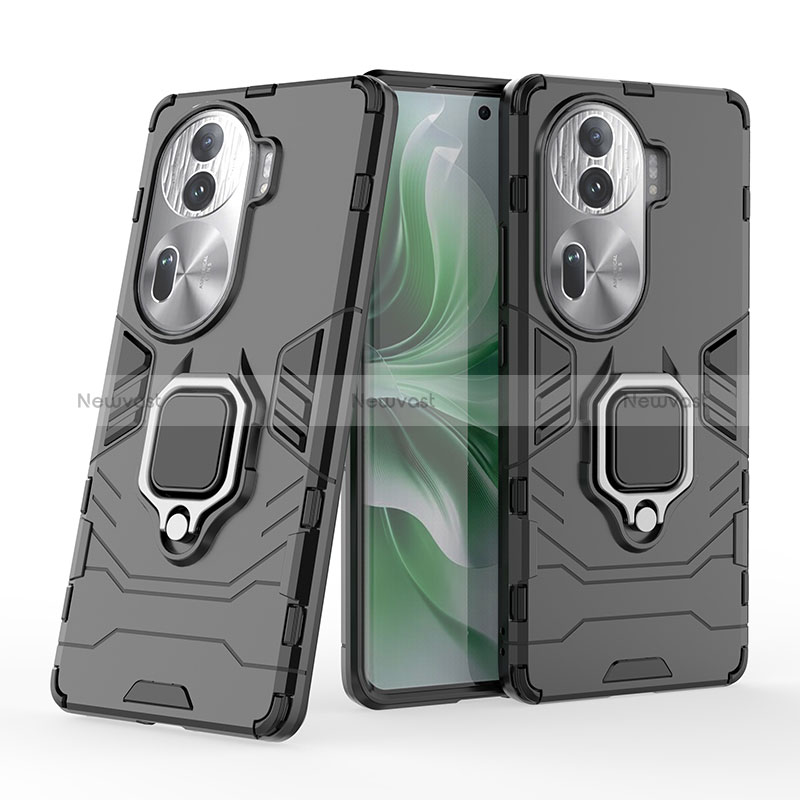 Silicone Matte Finish and Plastic Back Cover Case with Magnetic Finger Ring Stand KC1 for Oppo Reno11 Pro 5G