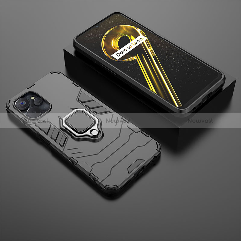 Silicone Matte Finish and Plastic Back Cover Case with Magnetic Finger Ring Stand KC1 for Realme 10T 5G Black