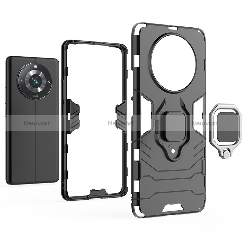 Silicone Matte Finish and Plastic Back Cover Case with Magnetic Finger Ring Stand KC1 for Realme 11 Pro 5G