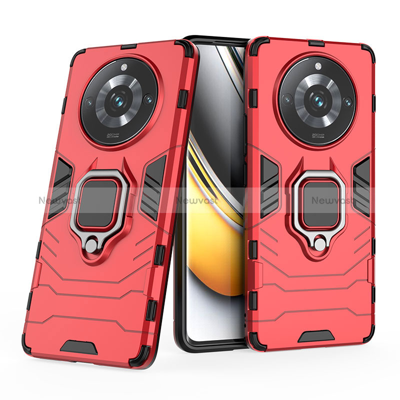 Silicone Matte Finish and Plastic Back Cover Case with Magnetic Finger Ring Stand KC1 for Realme 11 Pro+ Plus 5G Red