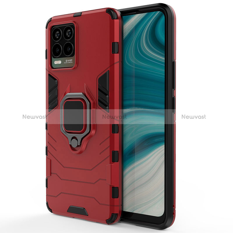 Silicone Matte Finish and Plastic Back Cover Case with Magnetic Finger Ring Stand KC1 for Realme 8 Pro Red