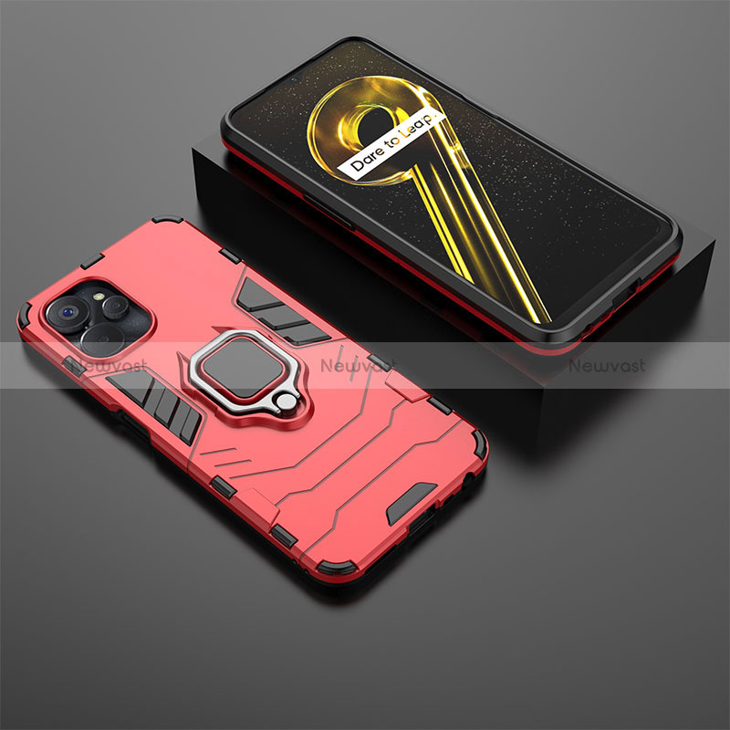 Silicone Matte Finish and Plastic Back Cover Case with Magnetic Finger Ring Stand KC1 for Realme 9i 5G