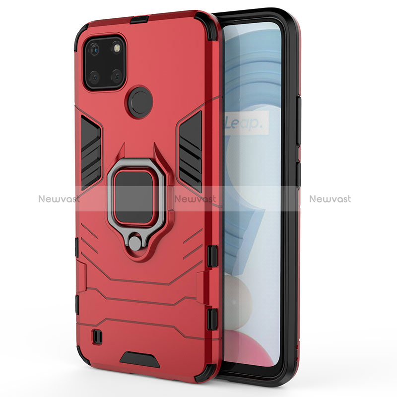 Silicone Matte Finish and Plastic Back Cover Case with Magnetic Finger Ring Stand KC1 for Realme C21Y Red