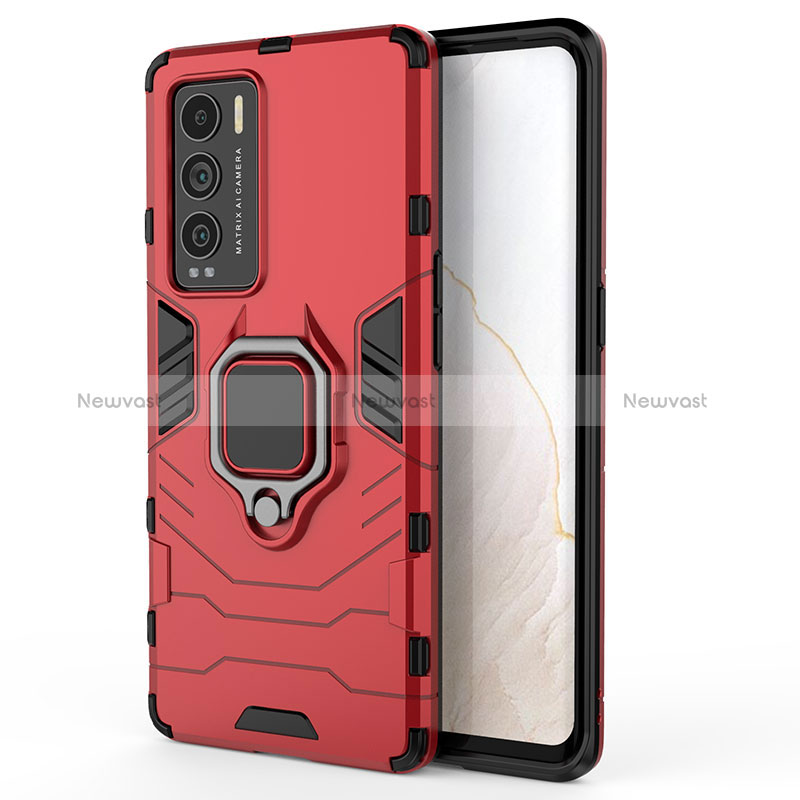 Silicone Matte Finish and Plastic Back Cover Case with Magnetic Finger Ring Stand KC1 for Realme GT Master Explorer 5G Red