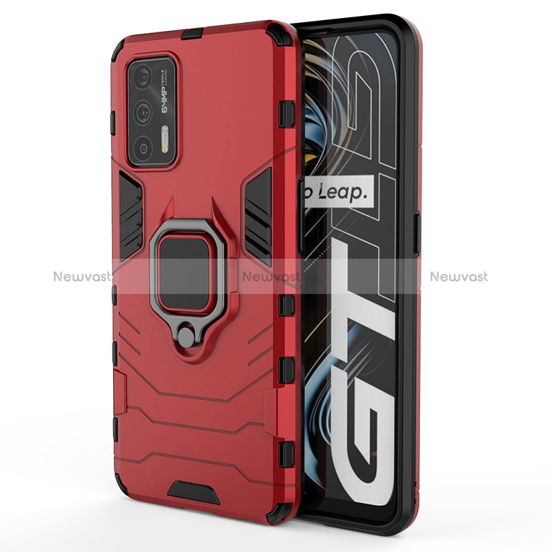 Silicone Matte Finish and Plastic Back Cover Case with Magnetic Finger Ring Stand KC1 for Realme GT Neo 2T 5G Red