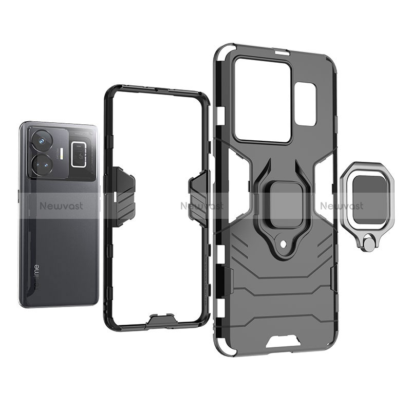 Silicone Matte Finish and Plastic Back Cover Case with Magnetic Finger Ring Stand KC1 for Realme GT Neo5 5G