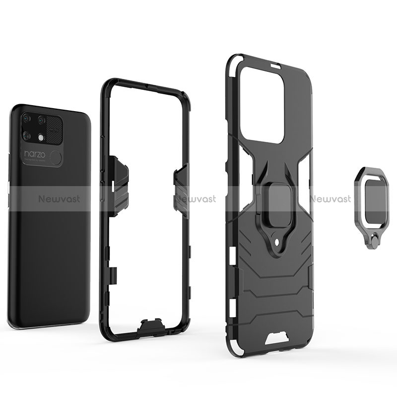 Silicone Matte Finish and Plastic Back Cover Case with Magnetic Finger Ring Stand KC1 for Realme Narzo 50A