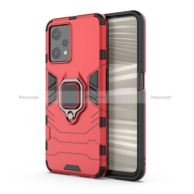 Silicone Matte Finish and Plastic Back Cover Case with Magnetic Finger Ring Stand KC1 for Realme Q5 5G Red