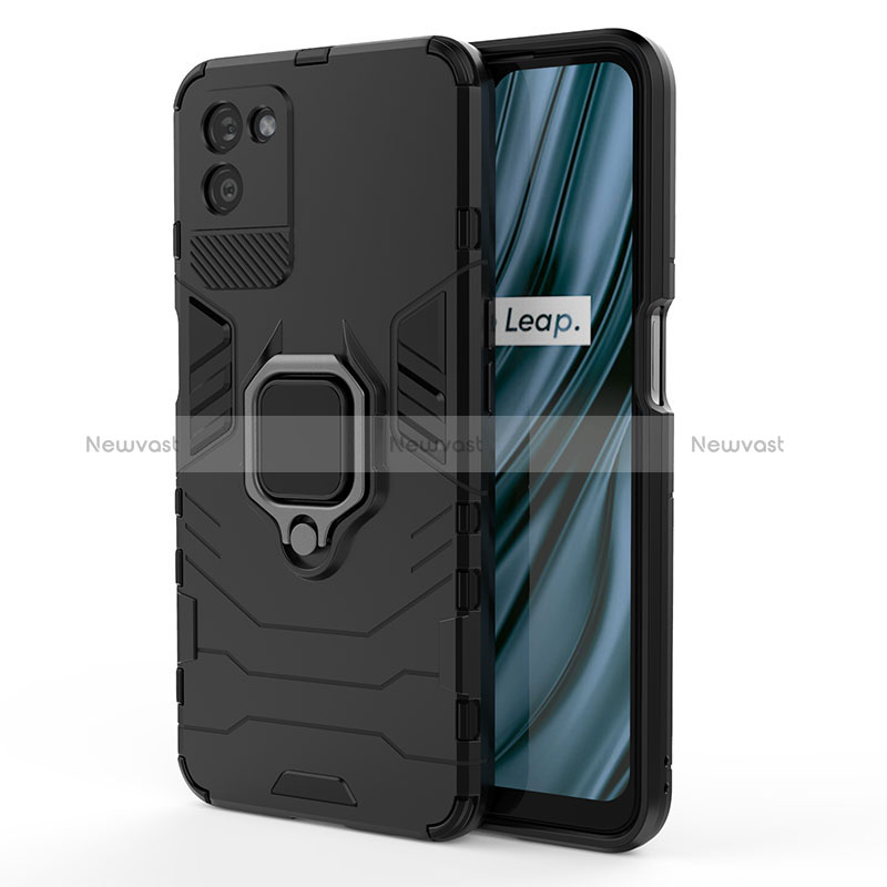 Silicone Matte Finish and Plastic Back Cover Case with Magnetic Finger Ring Stand KC1 for Realme V11s 5G Black