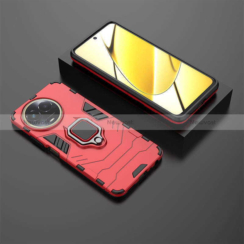 Silicone Matte Finish and Plastic Back Cover Case with Magnetic Finger Ring Stand KC1 for Realme V50 5G Red