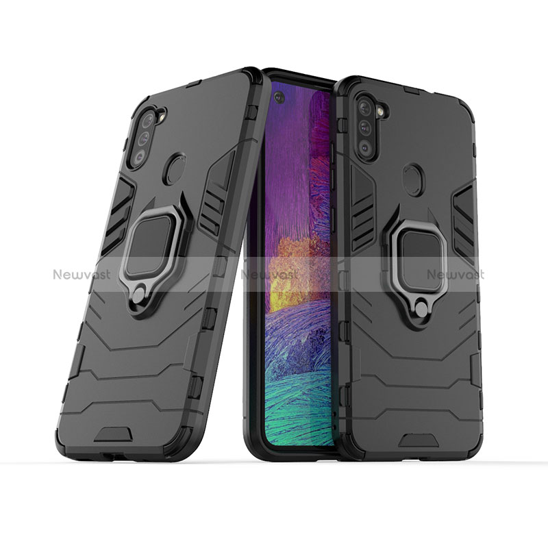 Silicone Matte Finish and Plastic Back Cover Case with Magnetic Finger Ring Stand KC1 for Samsung Galaxy A11 Black