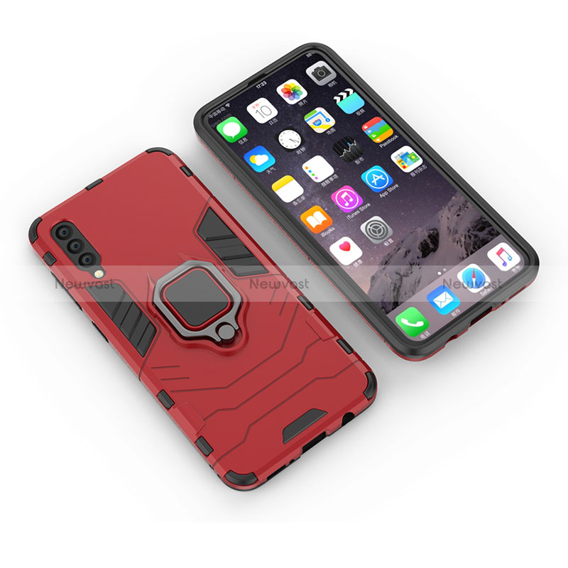 Silicone Matte Finish and Plastic Back Cover Case with Magnetic Finger Ring Stand KC1 for Samsung Galaxy A30S Red