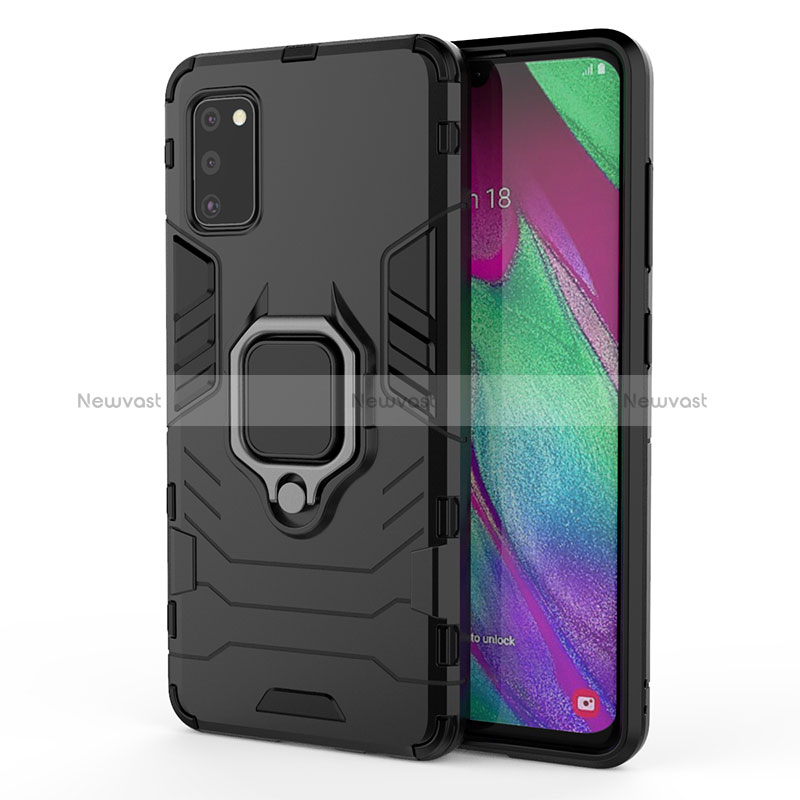 Silicone Matte Finish and Plastic Back Cover Case with Magnetic Finger Ring Stand KC1 for Samsung Galaxy A41 Black