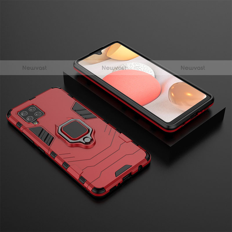 Silicone Matte Finish and Plastic Back Cover Case with Magnetic Finger Ring Stand KC1 for Samsung Galaxy A42 5G Red