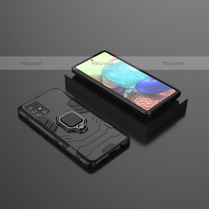 Silicone Matte Finish and Plastic Back Cover Case with Magnetic Finger Ring Stand KC1 for Samsung Galaxy A71 4G A715 Black