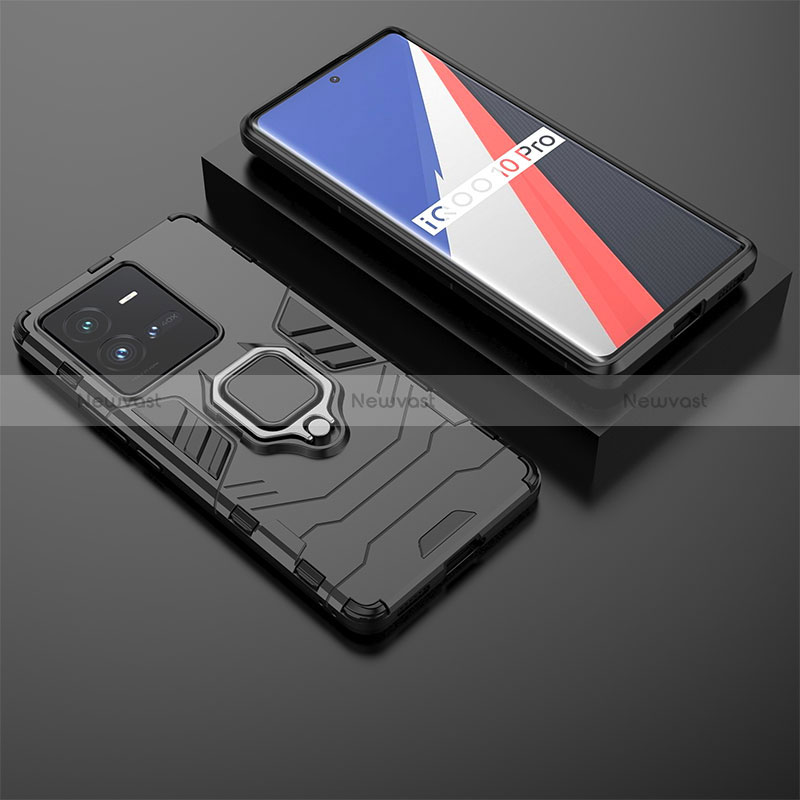 Silicone Matte Finish and Plastic Back Cover Case with Magnetic Finger Ring Stand KC1 for Vivo iQOO 10 Pro 5G