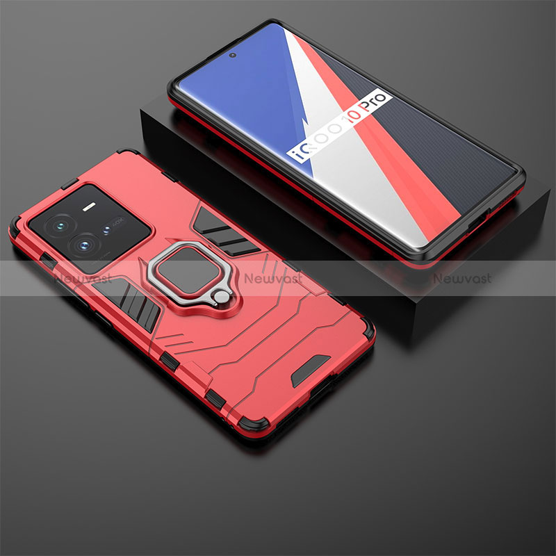 Silicone Matte Finish and Plastic Back Cover Case with Magnetic Finger Ring Stand KC1 for Vivo iQOO 10 Pro 5G