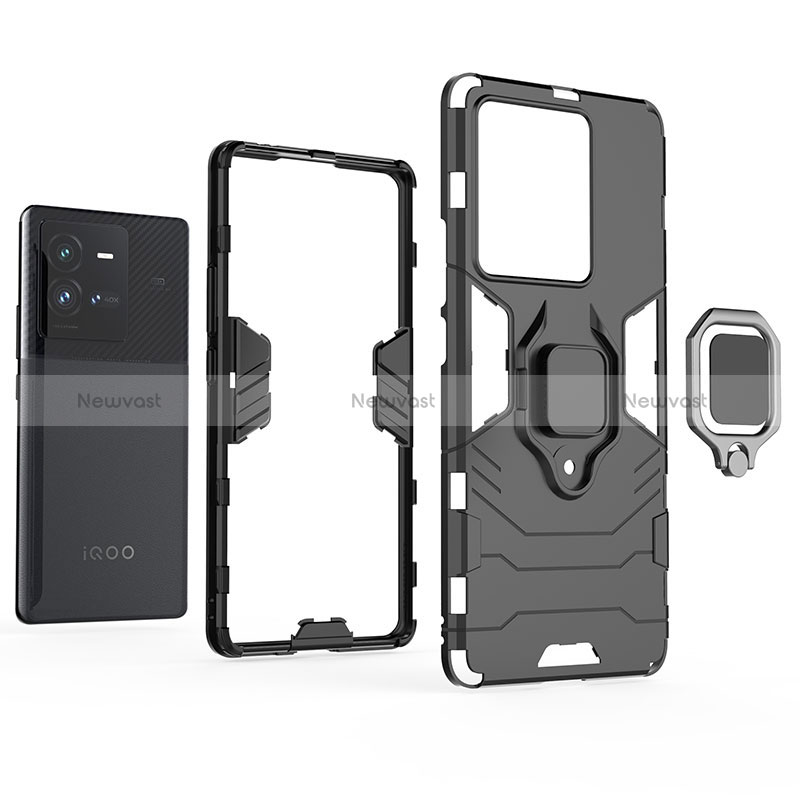 Silicone Matte Finish and Plastic Back Cover Case with Magnetic Finger Ring Stand KC1 for Vivo iQOO 10 Pro 5G