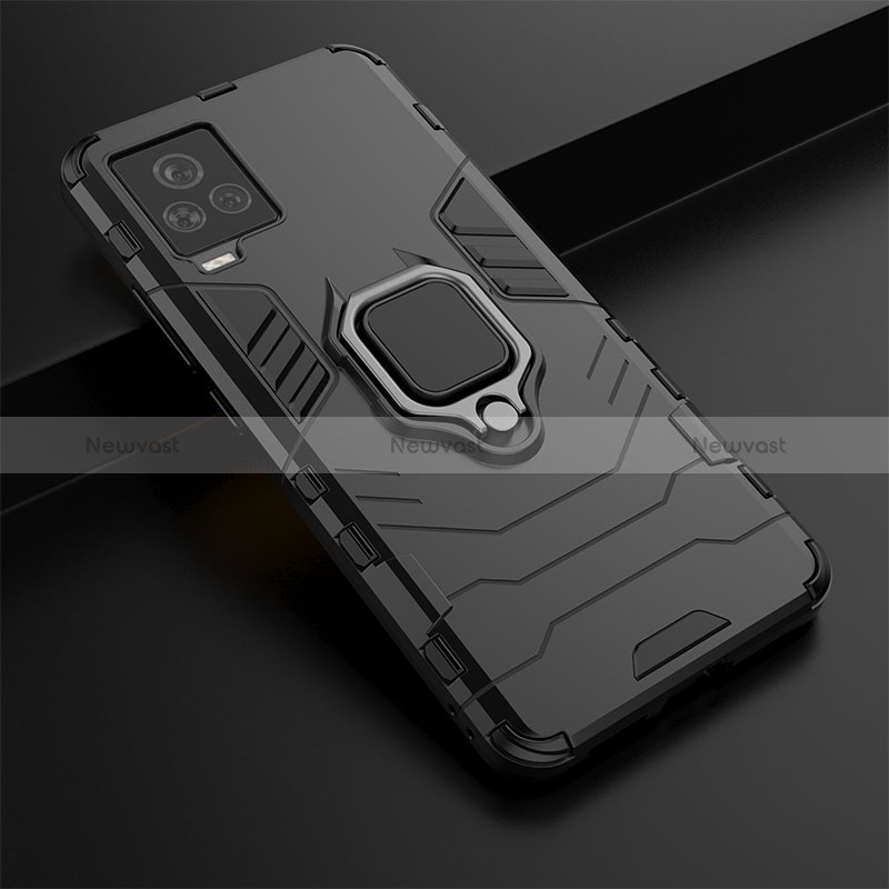 Silicone Matte Finish and Plastic Back Cover Case with Magnetic Finger Ring Stand KC1 for Vivo iQOO 7 Legend 5G