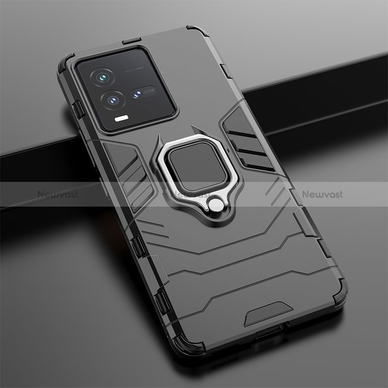 Silicone Matte Finish and Plastic Back Cover Case with Magnetic Finger Ring Stand KC1 for Vivo iQOO 9T 5G