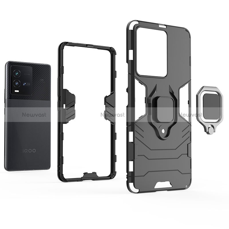 Silicone Matte Finish and Plastic Back Cover Case with Magnetic Finger Ring Stand KC1 for Vivo iQOO 9T 5G