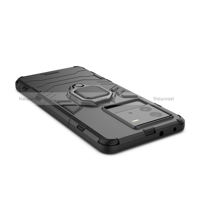 Silicone Matte Finish and Plastic Back Cover Case with Magnetic Finger Ring Stand KC1 for Vivo iQOO Neo6 5G