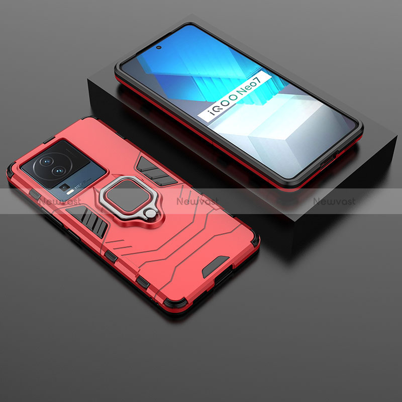 Silicone Matte Finish and Plastic Back Cover Case with Magnetic Finger Ring Stand KC1 for Vivo iQOO Neo7 5G