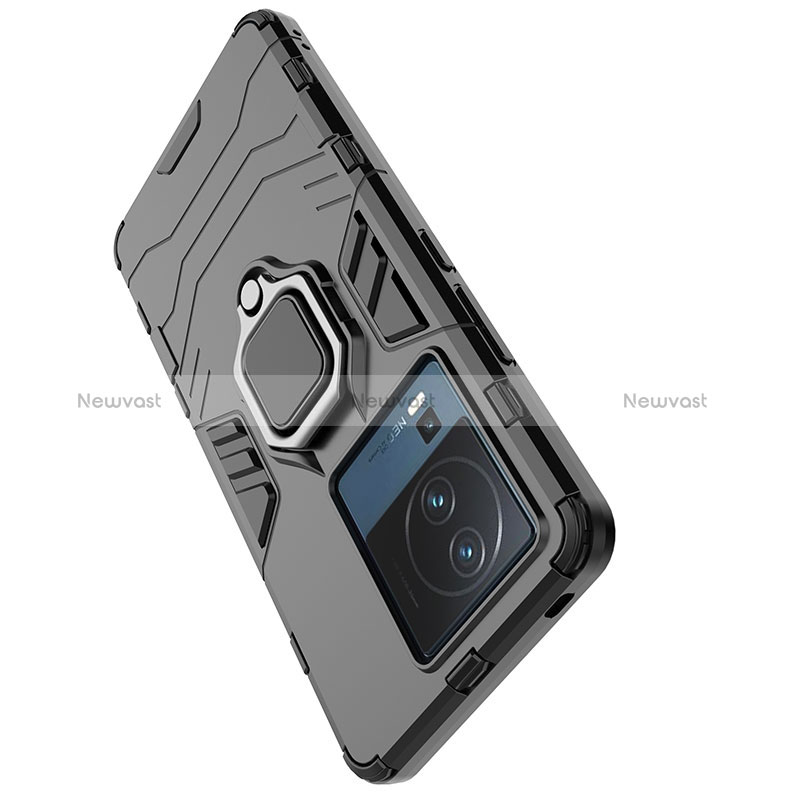 Silicone Matte Finish and Plastic Back Cover Case with Magnetic Finger Ring Stand KC1 for Vivo iQOO Neo7 SE