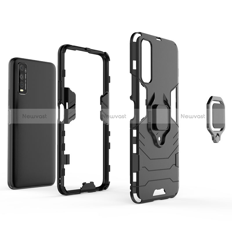 Silicone Matte Finish and Plastic Back Cover Case with Magnetic Finger Ring Stand KC1 for Vivo iQOO U1