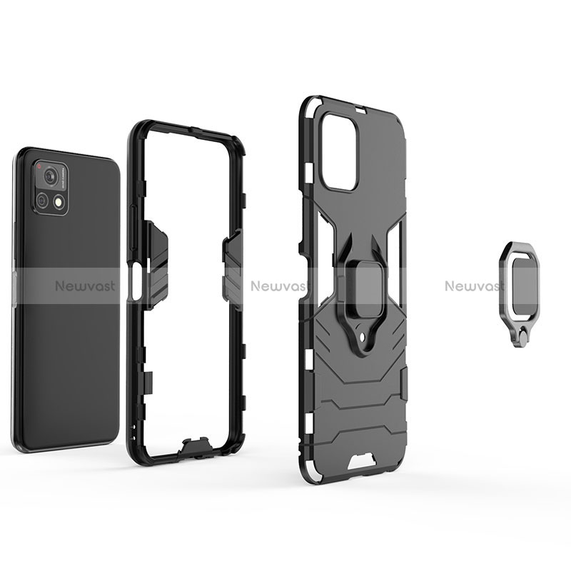 Silicone Matte Finish and Plastic Back Cover Case with Magnetic Finger Ring Stand KC1 for Vivo iQOO U3x 5G