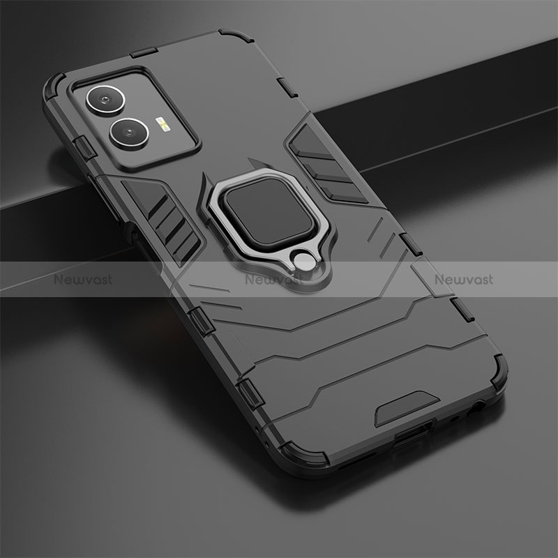 Silicone Matte Finish and Plastic Back Cover Case with Magnetic Finger Ring Stand KC1 for Vivo iQOO U5 5G