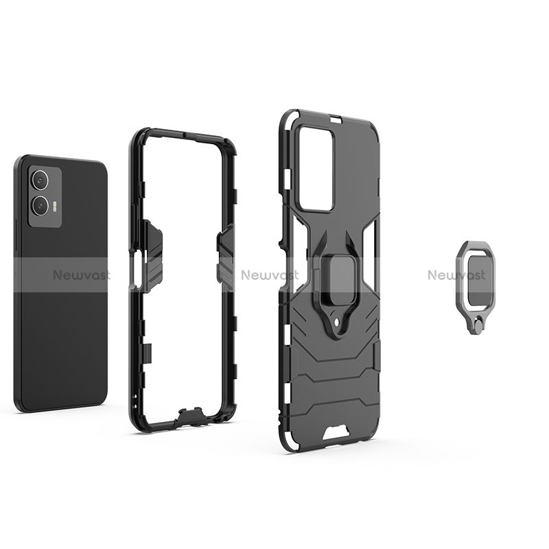 Silicone Matte Finish and Plastic Back Cover Case with Magnetic Finger Ring Stand KC1 for Vivo iQOO U5 5G