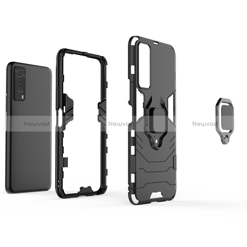 Silicone Matte Finish and Plastic Back Cover Case with Magnetic Finger Ring Stand KC1 for Vivo iQOO Z3 5G