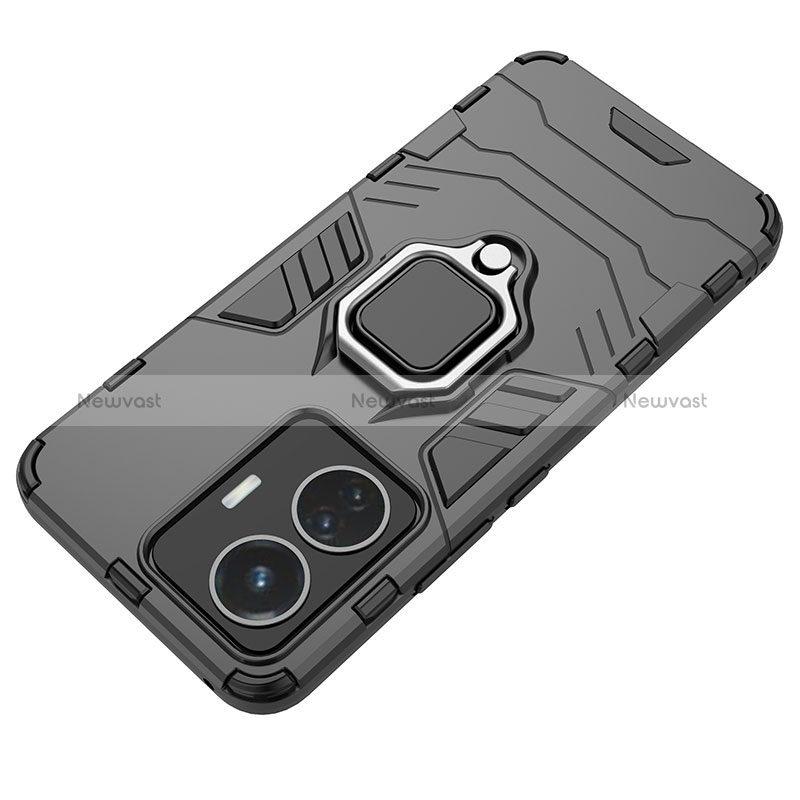 Silicone Matte Finish and Plastic Back Cover Case with Magnetic Finger Ring Stand KC1 for Vivo T1 4G