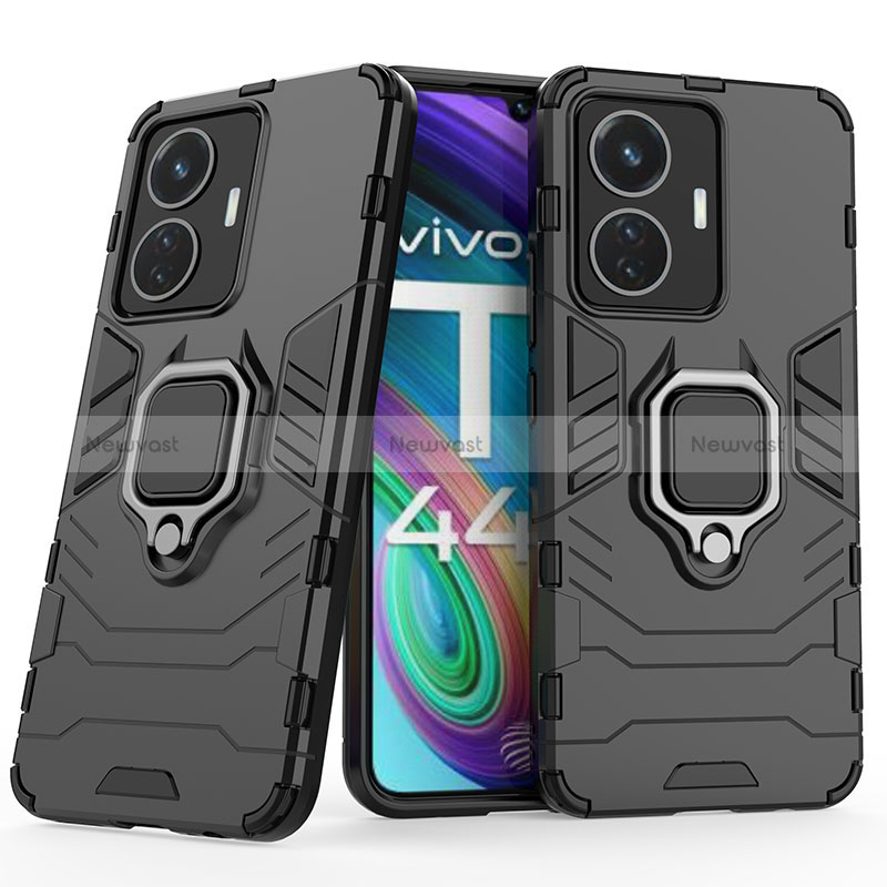 Silicone Matte Finish and Plastic Back Cover Case with Magnetic Finger Ring Stand KC1 for Vivo T1 4G Black