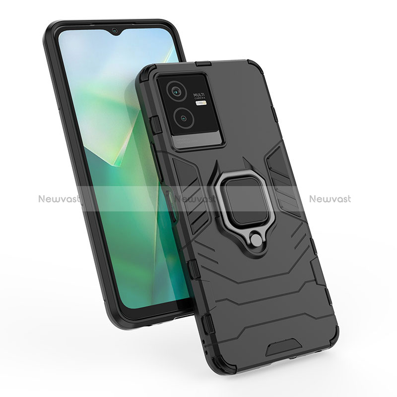 Silicone Matte Finish and Plastic Back Cover Case with Magnetic Finger Ring Stand KC1 for Vivo T2x 5G