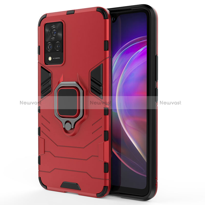 Silicone Matte Finish and Plastic Back Cover Case with Magnetic Finger Ring Stand KC1 for Vivo V21 5G Red